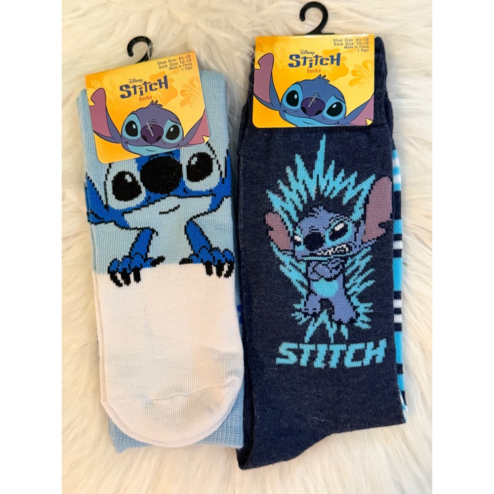 Disney Lilo & Stitch Crew Socks 2 Pair Set Blue Navy Striped Mens Size 6.5-12